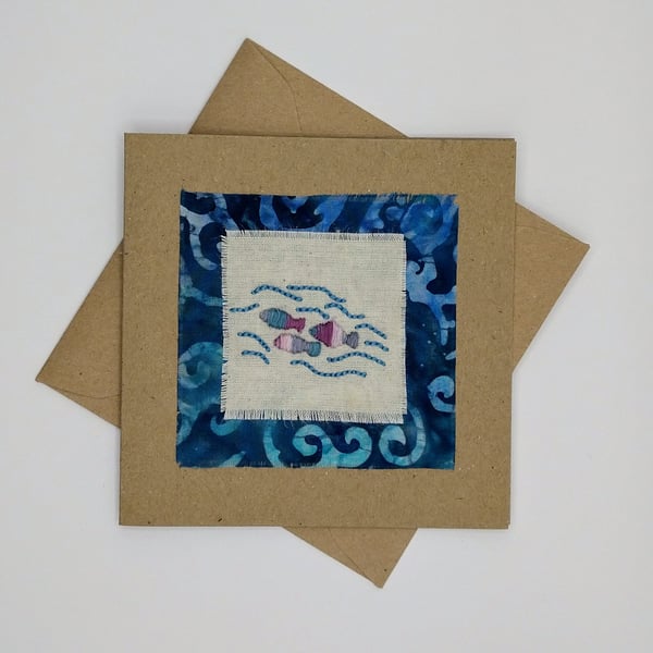 Embroidered Swimming Fish Greetings Card - Birthday Card - Blank Card