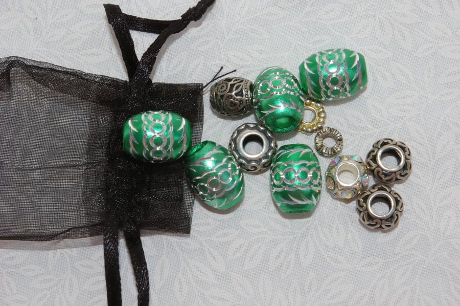 Mixed Metal Beads green beads, filigree beads and engraved beads