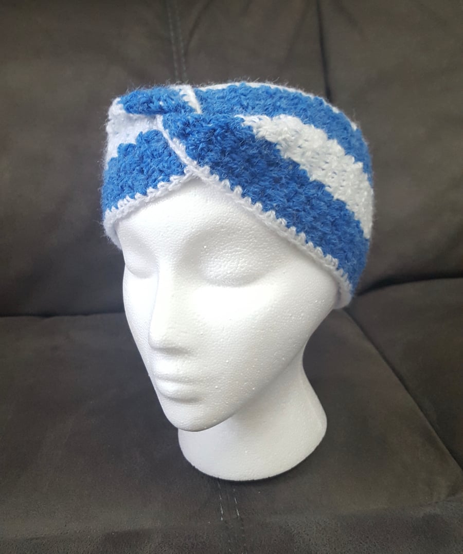 Handmade crochet blue and white women’s ear warmer headband.....