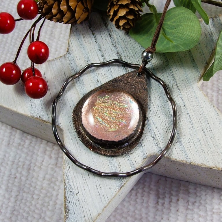 Hanging Decorations, Copper and Irridescent Green Dichroic Glass