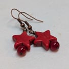 Red howlite star and round agate gemstone earrings with copper ear wires 