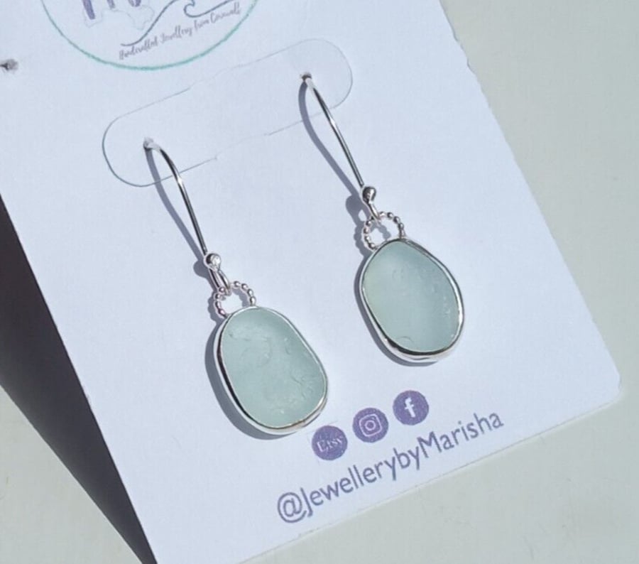 Sterling Silver & Fine Silver Handmade Cornish Seaglass Earrings in Aquamarine