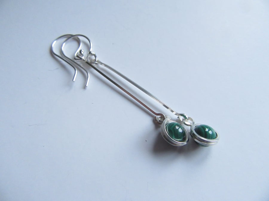 Long drop earrings - malachite sterling silver dangle earrings 