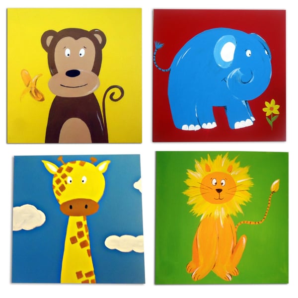 Jungle Animal Art, Painting on Canvas x 4, Jungle Decor, Safari Art, Wall Deco