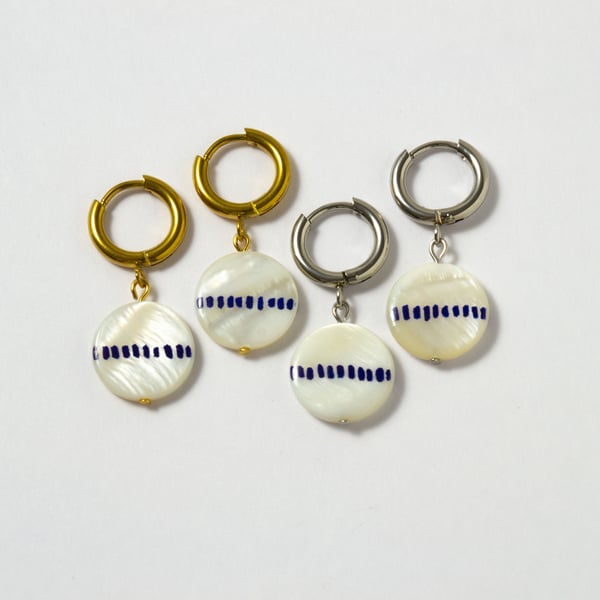 Circle Earrings Huggie Charm Blue Dots Earrings Stripes Gold Huggie Earrings