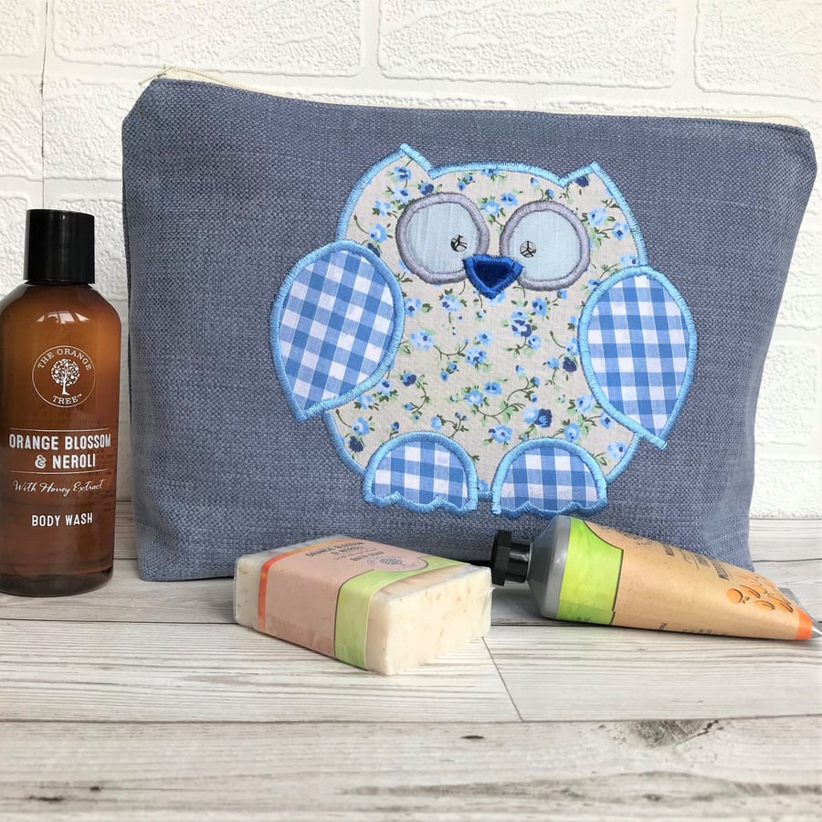 Owl toiletry bag - Blue with cream and blue floral and gingham owl