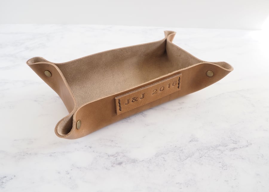 Personalised Leather Small Rectangular Coin Tray - Rustic Office Home Decor