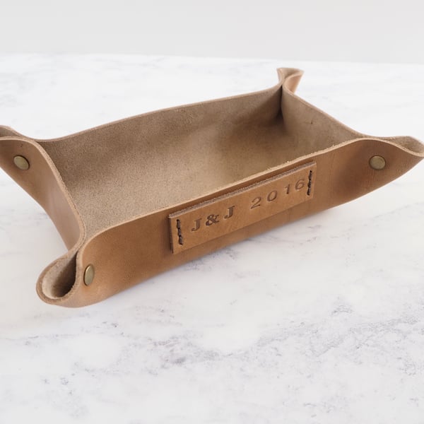 Personalised Leather Small Rectangular Coin Tray - Rustic Office Home Decor