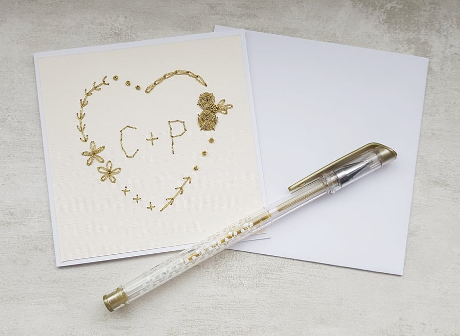 Gold stitched personalised Card, keepsake wedding card, heart engagement card 