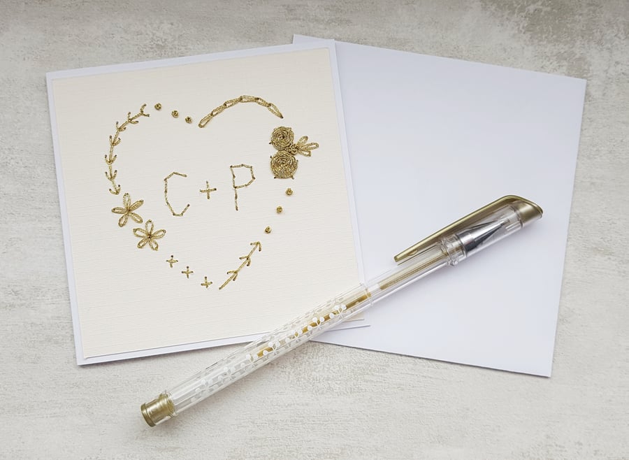 Gold Stitched Personalised Heart Wedding Card, Heart Engagement Card 