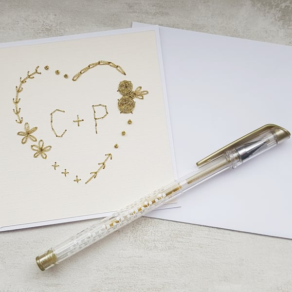 Gold stitched personalised Card, keepsake wedding card, heart engagement card 