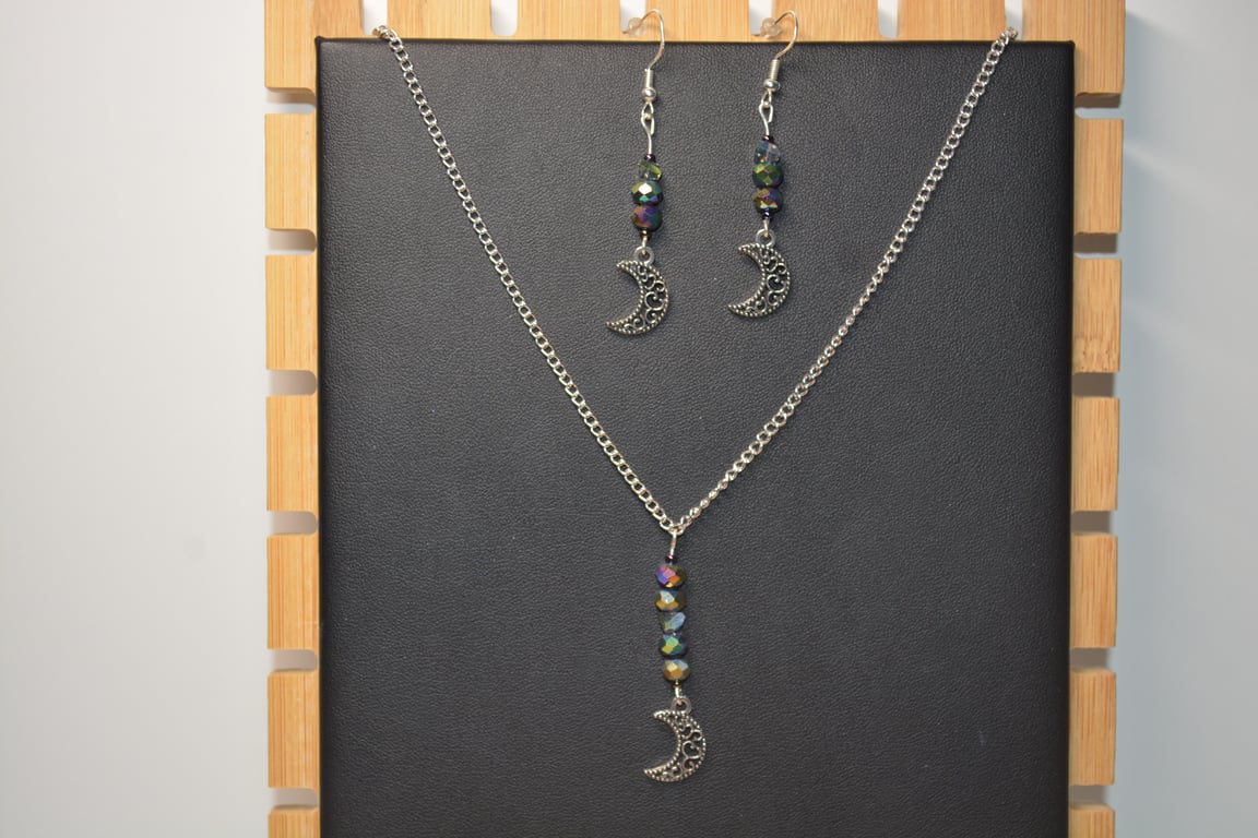 Silver Moon charm Necklace and Earrings Jewellery Set
