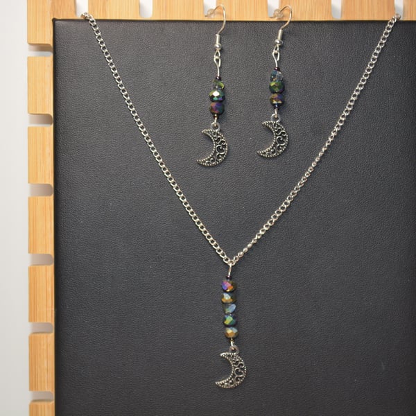 Silver Moon charm Necklace and Earrings Jewellery Set
