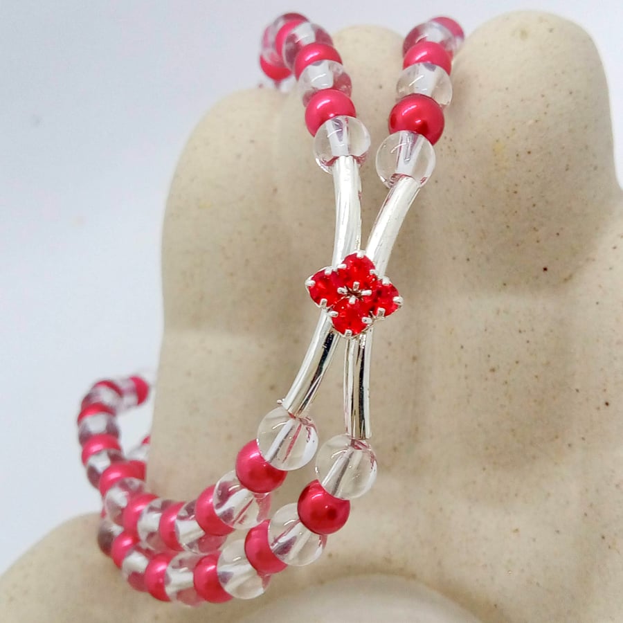 Red Crystal Centrepiece on a 2 Strand Red and Clear Beaded Band, Gift for Her