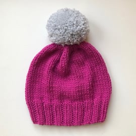 Bobble Hat in Pink Chunky Yarn with Grey Pom Pom