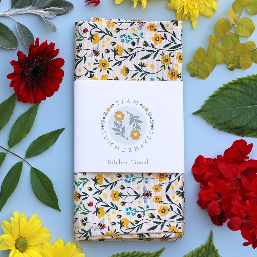 Buttercup & Bee Tea Towel - Colourful Cotto... - Folksy