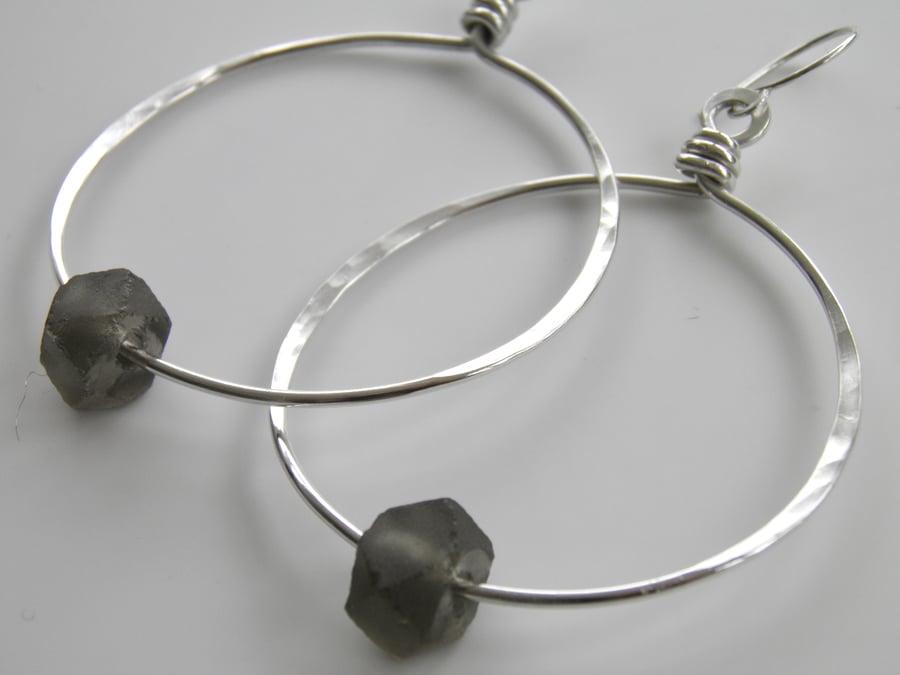 Grey Earrings Sterling Silver Hoops Recycled Glass Beads