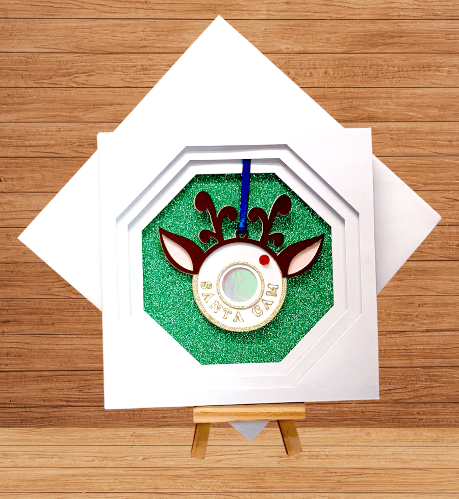 Unique 2 in 1 Reindeer Santa cam ornament Christmas card