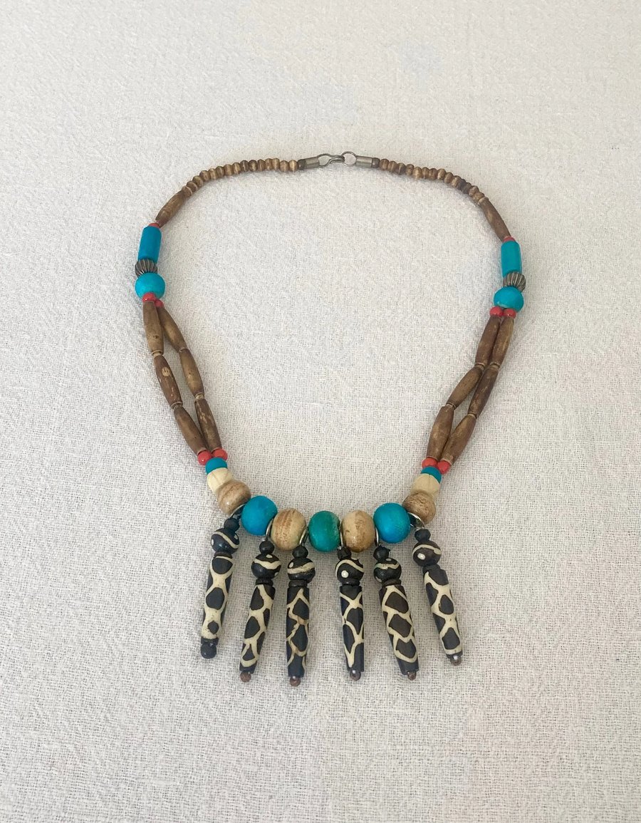 Vintage Folk Art Inspired Bovine Bone Beaded Upcycled Handmade Necklace - Gift