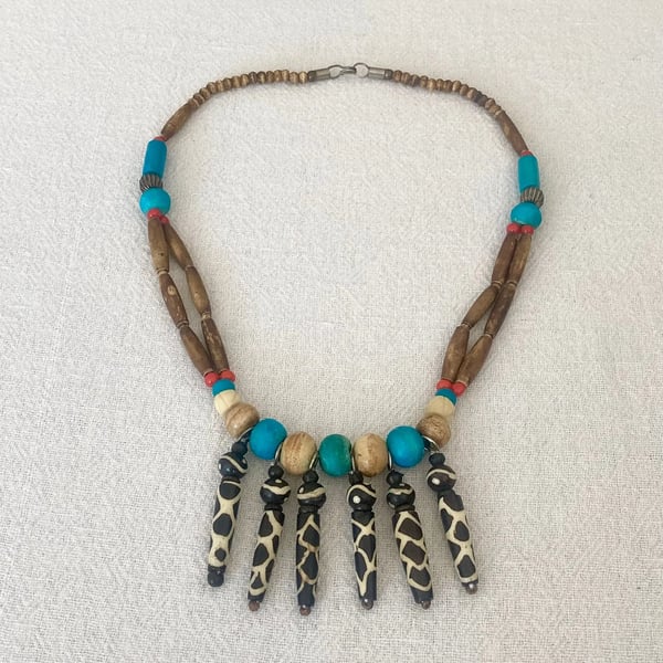 Vintage Folk Art Inspired Bovine Bone Beaded Upcycled Handmade Necklace 