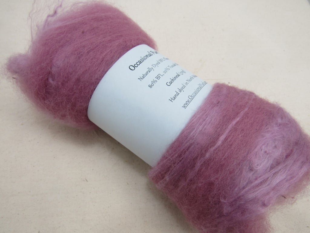 50g Cochineal Pink Naturally Dyed BFL and Silk Wool Batt