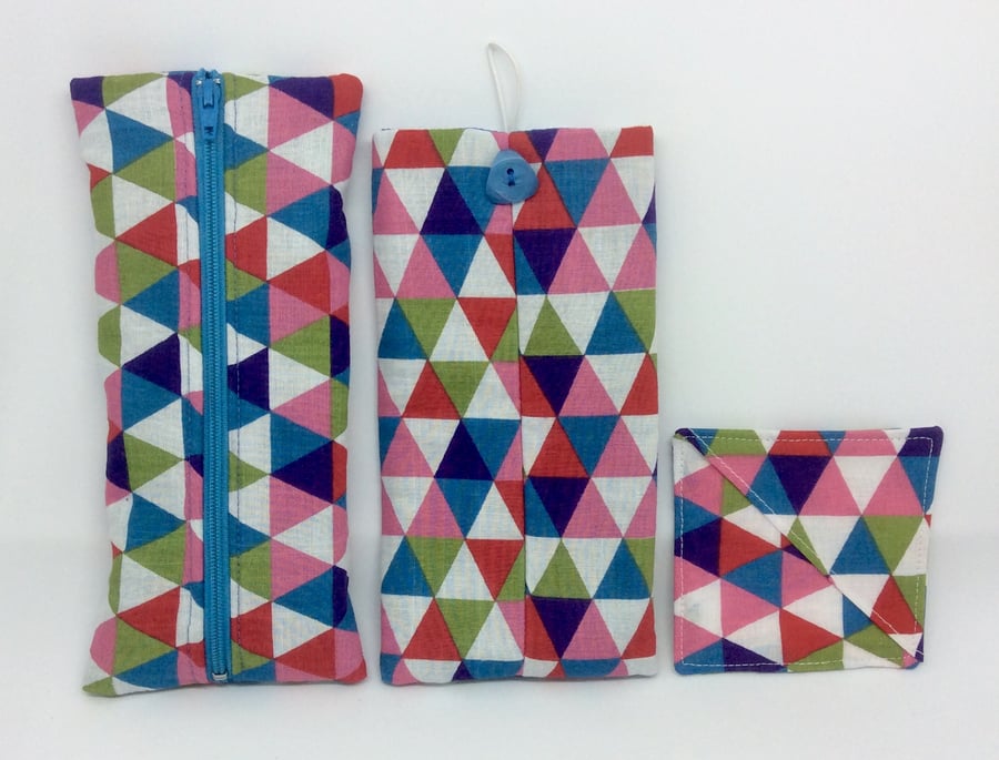 Beautiful bundle, glasses case, pencil case and book mark, mosaic triangles