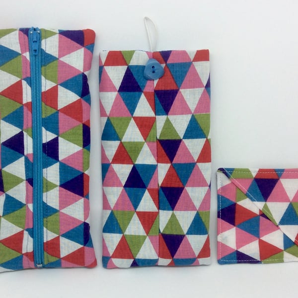 Beautiful bundle, glasses case, pencil case and book mark, mosaic triangles