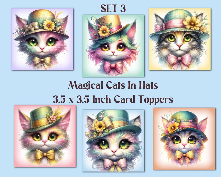 Magical Cats In Hats Square Card Toppers for Card Making, Tags, Journals, etc