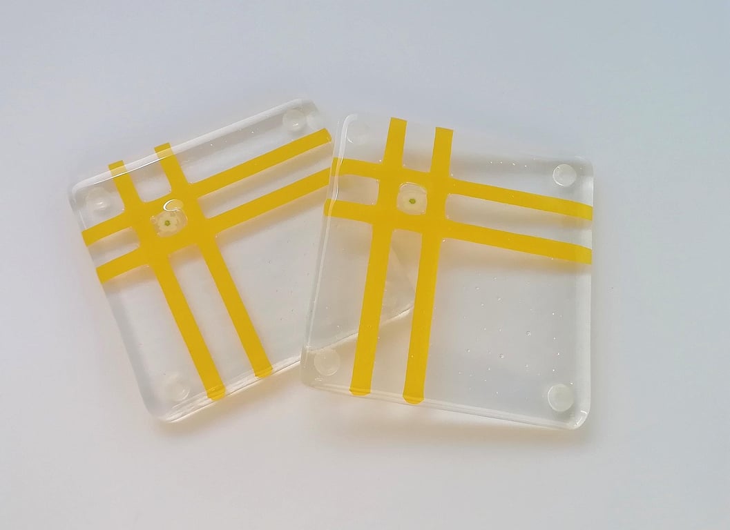 Fused Glass Daisy Coasters: Yellow Striped Wine Mats, Patio Decor
