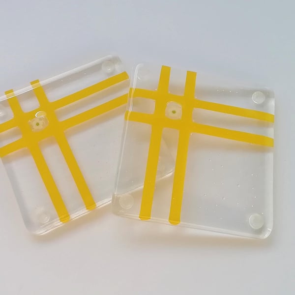 Fused Glass Daisy Coasters: Yellow Striped Wine Mats, Patio Decor