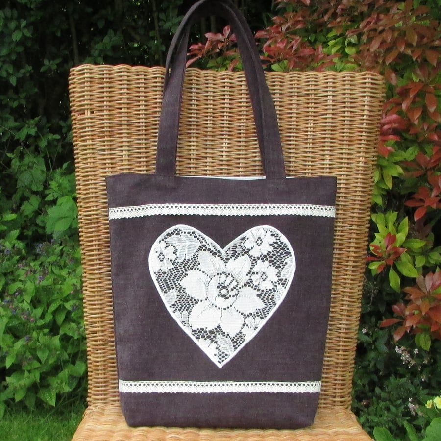 Plum tote bag with cream lace applique heart