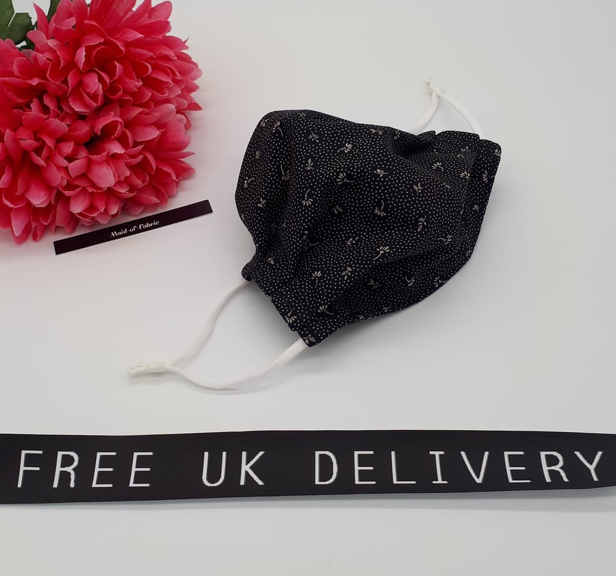 Face mask,  small, 3 layer,  nose wire, adjustable,  black flower dot