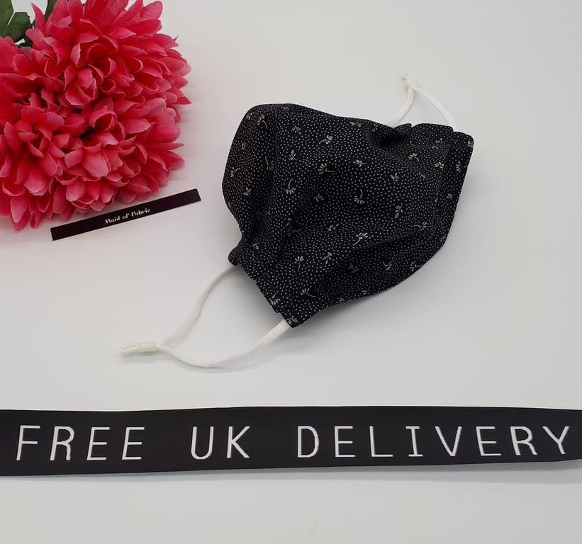 Face mask,  small, 3 layer,  nose wire, adjustable,  black flower dot