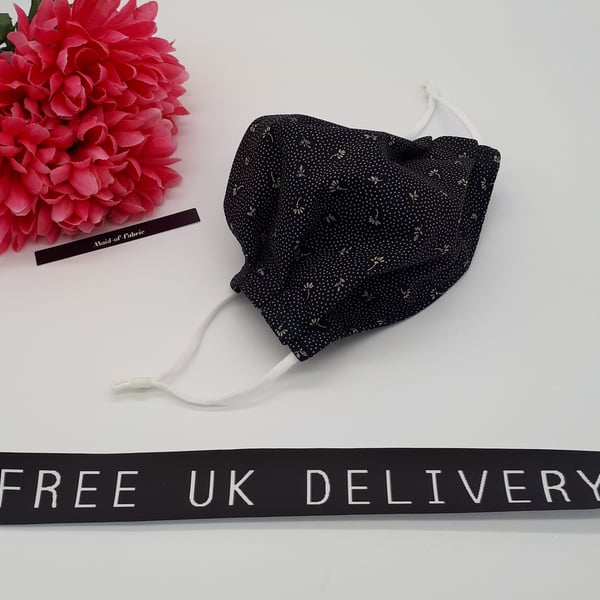 Face mask,  small, 3 layer,  nose wire, adjustable,  black flower dot