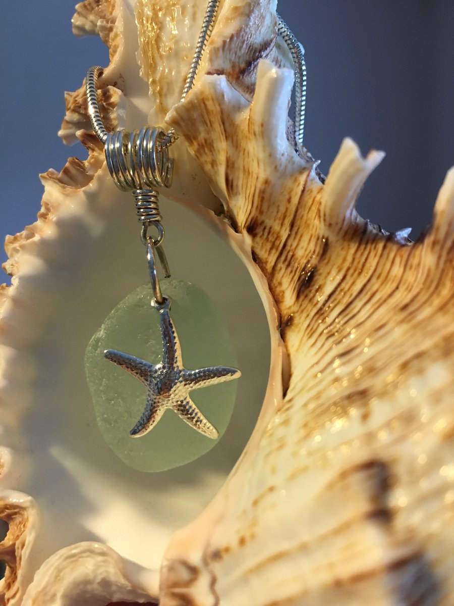 Sea Glass & Sterling Silver Necklace with Starfish Charm