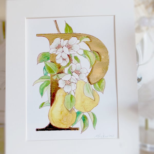 Watercolour Art Pears and Blossoms 24 Carat Gold Leaf Letter P