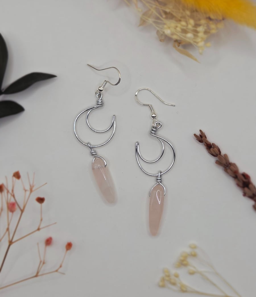Silver Wire Crescent Moon and Rose Quartz Dangle Earrings, Sterling Silver Hooks