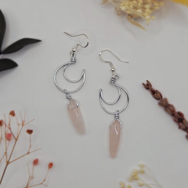 Silver Wire Crescent Moon and Rose Quartz Dangle Earrings, Sterling Silver Hooks