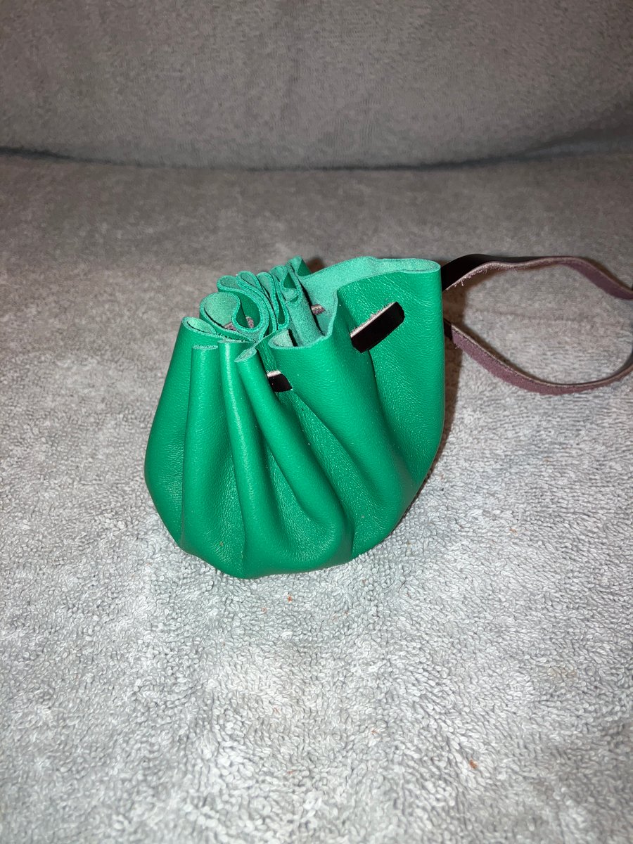 Green coloured leather drawstring dice bag - coin pouch