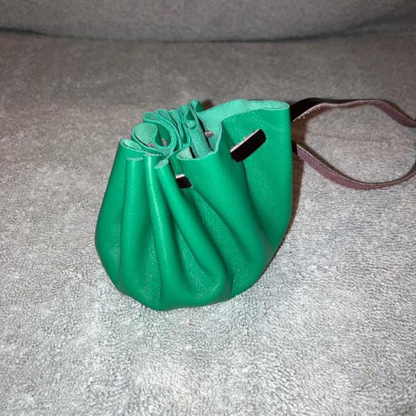 Green coloured leather drawstring dice bag - coin pouch