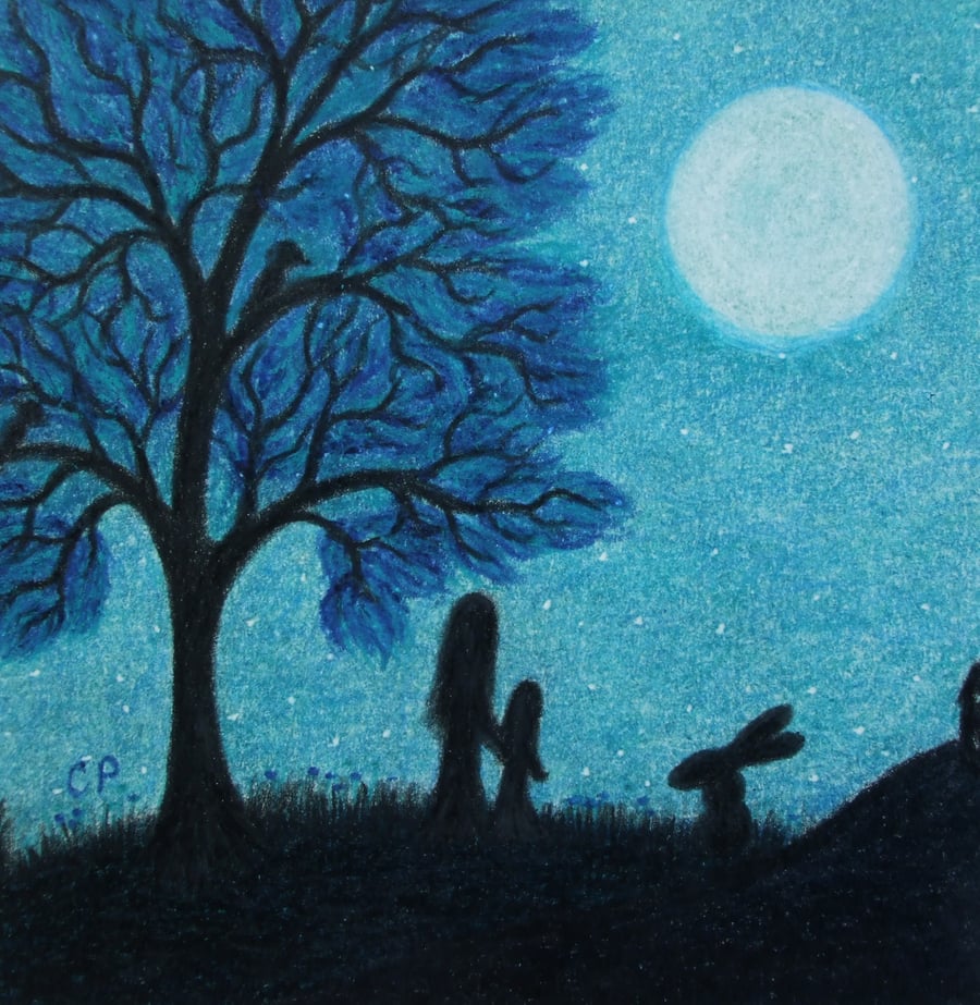 Moon Child Card, Mother Daughter Card, Blue Tree Art Card, Mother Child Rabbit