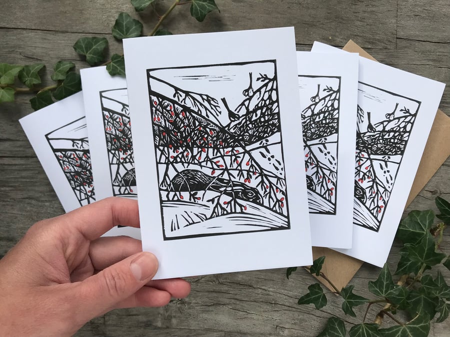 Hare Christmas cards by Suffolk artist Beth Knight. x5 recycled, eco-friendly 