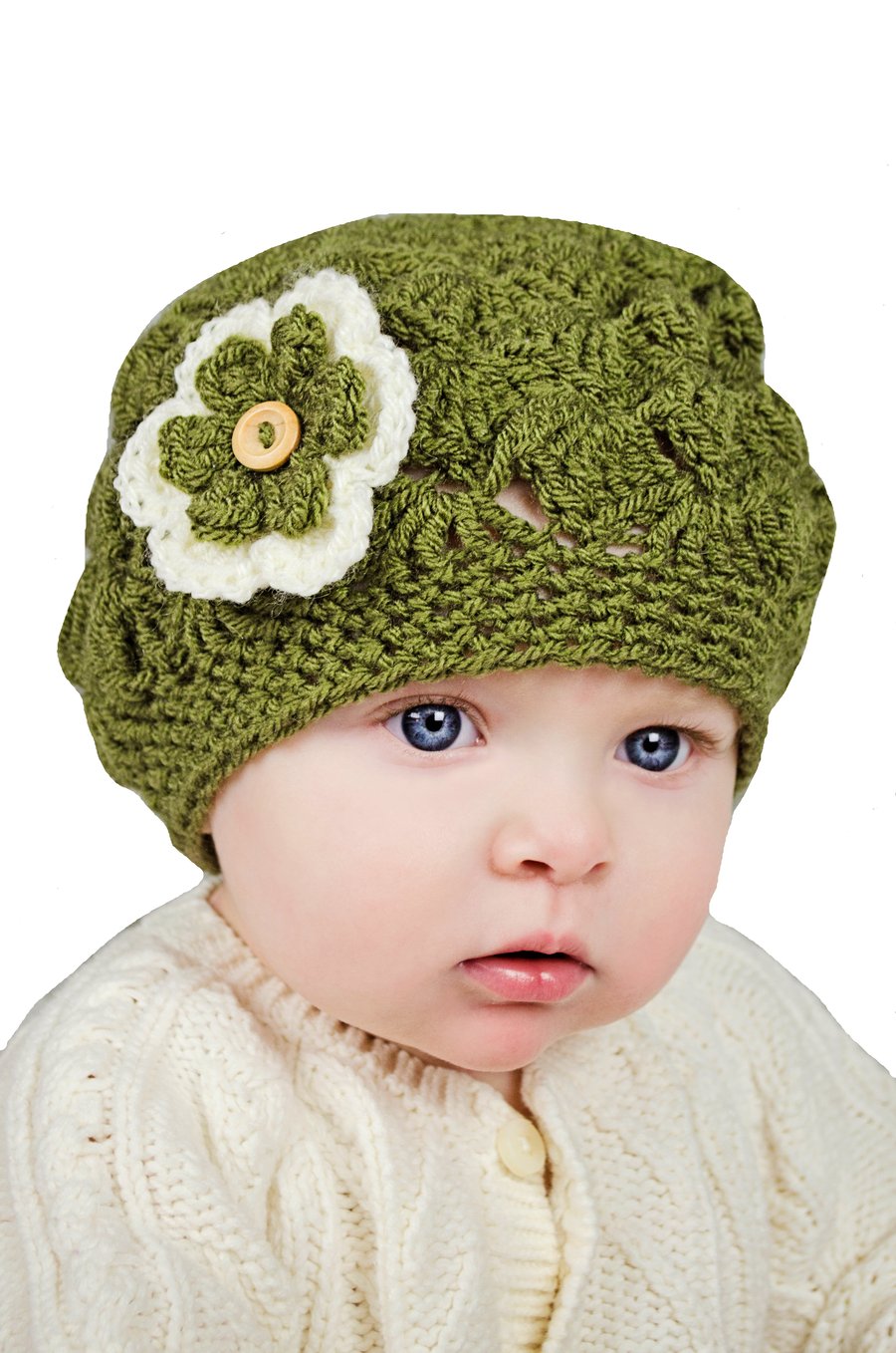 Crochet Girls 6-9 Months Meadow Green Shell Pattern Beanie Hat