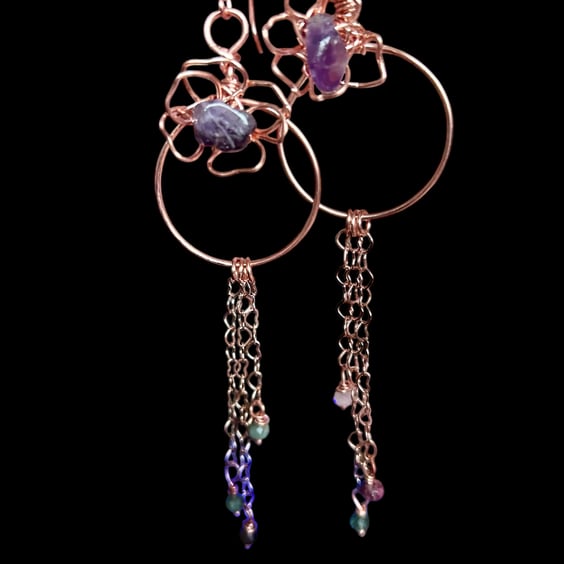 Statement Amethyst Copper Earrings - 7th Wedding Anniversary, Gift for her