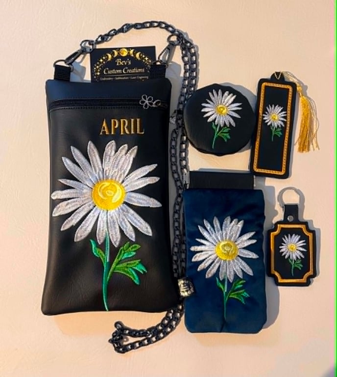 April Birth Flower Gift Set - Embroidered Bag, Bookmark, Keyring & Coin Purse