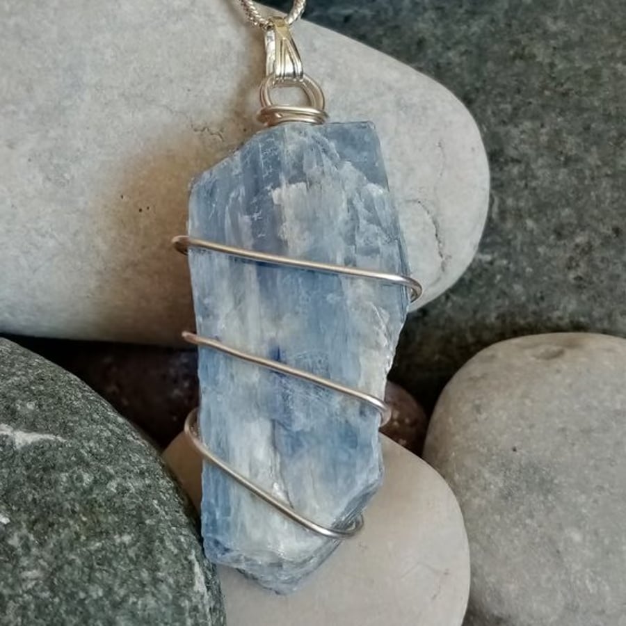 Wire-wrapped natural Kyanite necklace