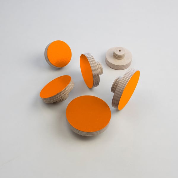 Orange Knobs for Drawers and Doors, Hand Painted Plywood Pulls