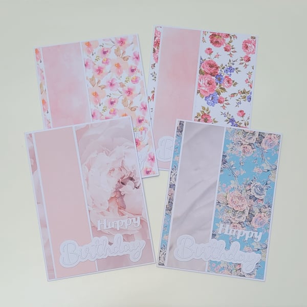 Set of 4 Handmade Floral Birthday Cards - Pink Shabby Chic Cards with Envelopes