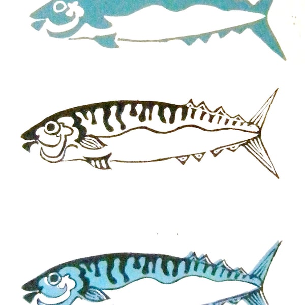 TRIO OF MACKEREL (lino cut print )
