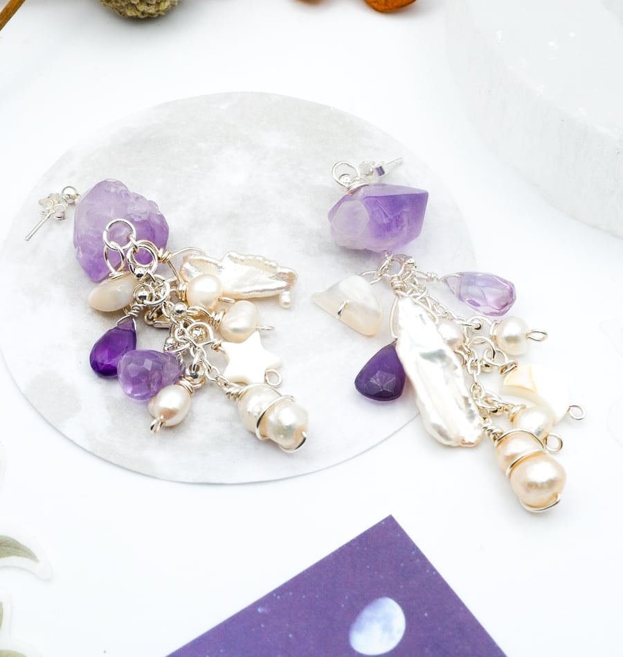 Lavender Amethyst Gemstone Earrings - Pink & Purple Amethyst Pearl Dangles 